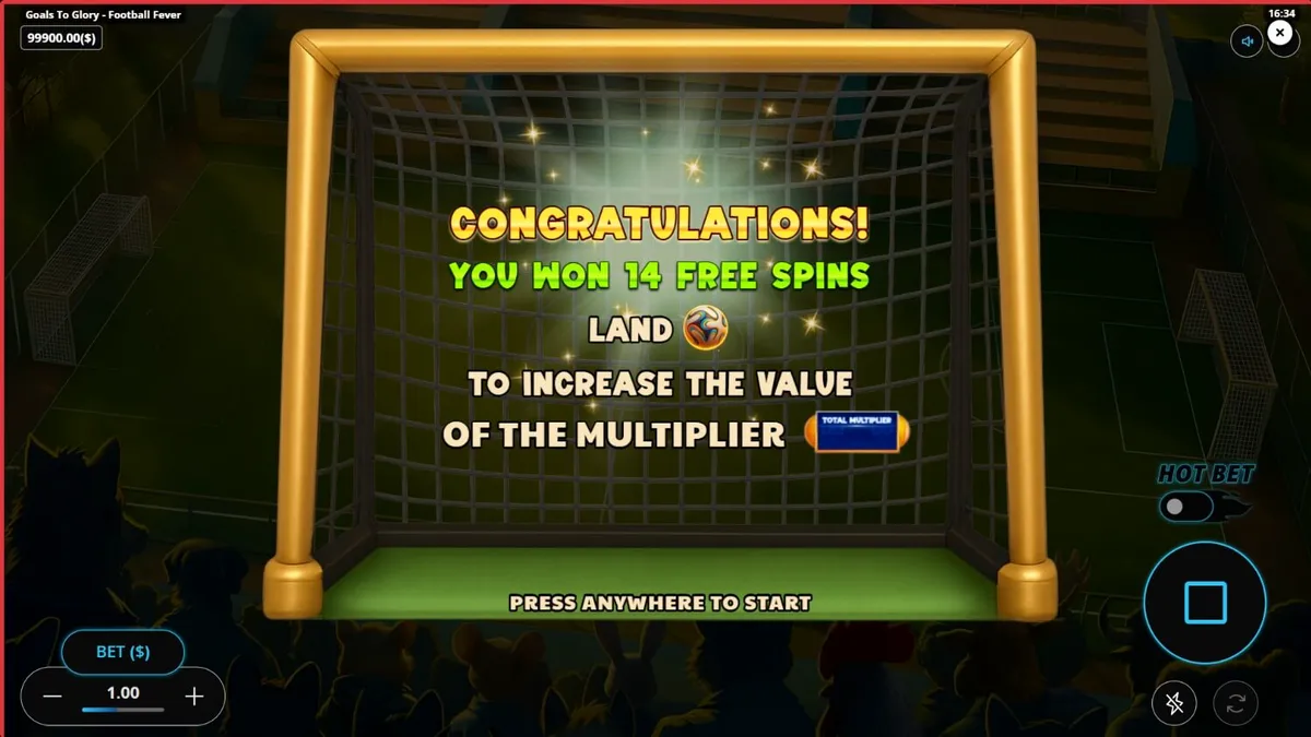 Interface do jogo de slot Goals to Glory Football Fever com animais jogadores de futebol