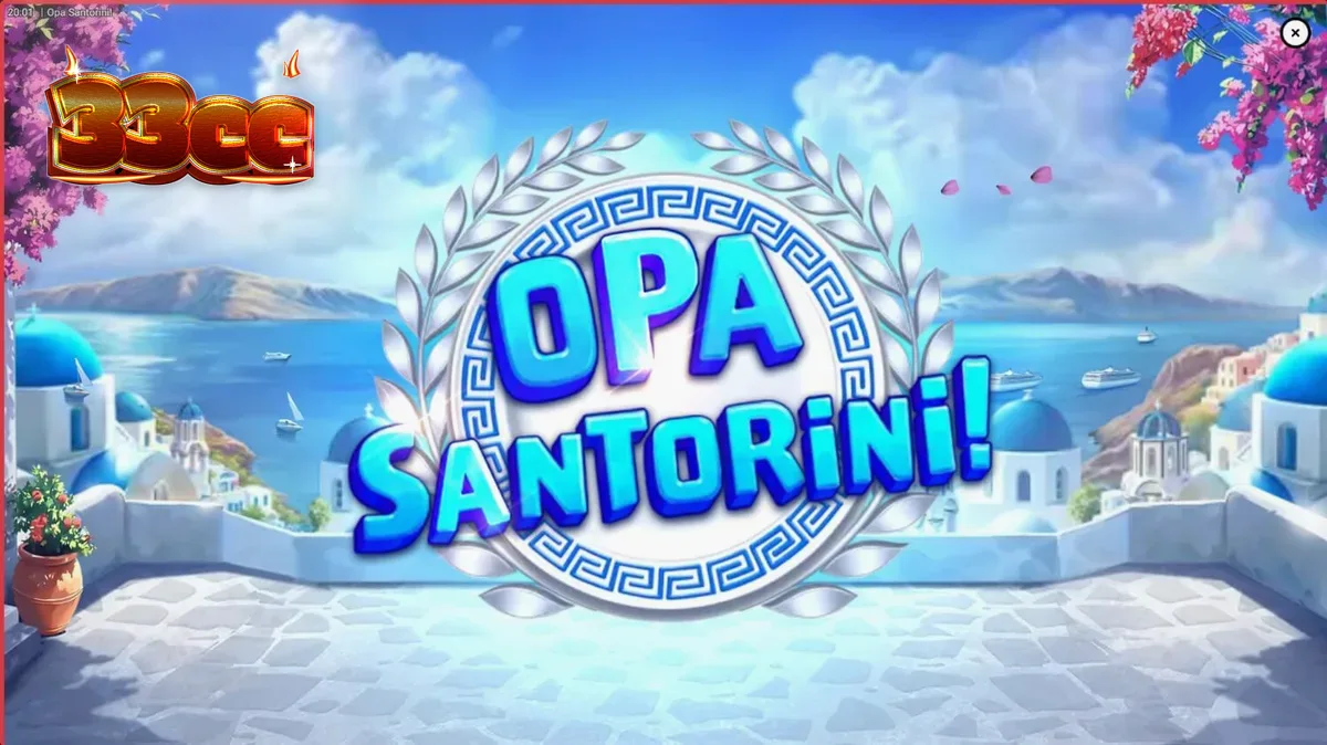 Cenário ensolarado de Santorini com elementos do slot Opa Santorini!